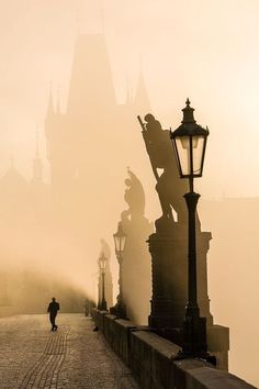 a person walking down a street next to a light pole and lamp post on a foggy day