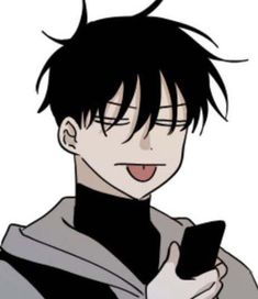 an anime character holding a cell phone in his hand and making a funny face at the camera