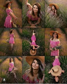 a woman in a pink dress and straw hat poses for a photo with lavenders