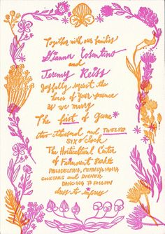 an orange and purple handwritten wedding card with flowers on the front, in pink ink