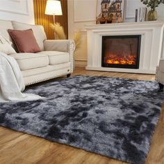 a living room with a fire place in the fireplace and a rug on the floor