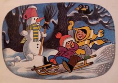 an old children's book with a snowman and two kids on sled