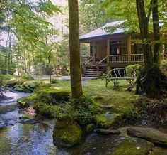 a small cabin in the woods with mossy rocks and water running through it's foreground