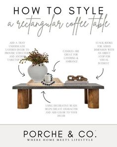 how to style a rectangular coffee table with text overlaying the top and below it