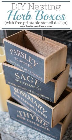 three wooden boxes stacked on top of each other with the words diy nesting herb boxes