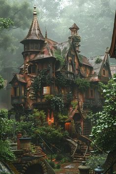 an image of a house in the woods with lots of greenery on its roof