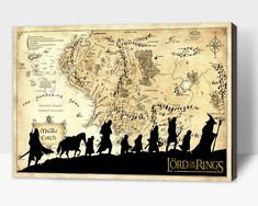 the lord of the rings map with silhouettes on it in black and yellow colors