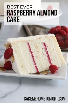 a slice of raspberry almond cake on a plate