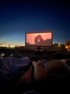 a person laying down in front of a movie screen with a dog on the screen