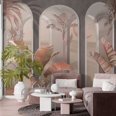 a living room filled with lots of furniture next to a wall covered in palm trees