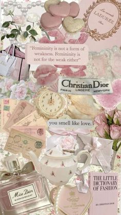 a collage of pink and white items including roses, hearts, perfume bottles, and other things