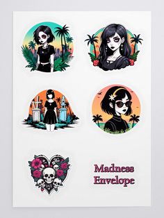 four stickers with different images of women in the same outfit and text that says,'madness envelope '