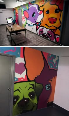 two pictures of the inside of an office with colorful murals on the walls and desks