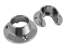 two stainless steel flanges are shown on a white background, one is open and the other is closed