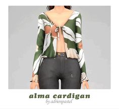 an image of a woman with her shirt open and the words,'alma cartigan by