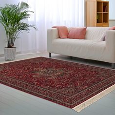 a living room with a couch, rug and potted plant