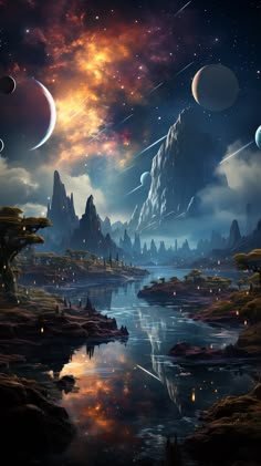 an alien landscape with mountains and planets in the sky, reflecting water on the surface