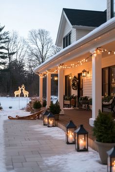 a house with christmas lights on the front porch