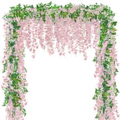 pink flowers and green leaves decorate an arch