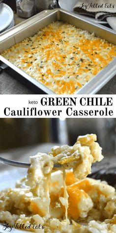 green chile cauliflower casserole is being lifted from a pan with the casserole in it