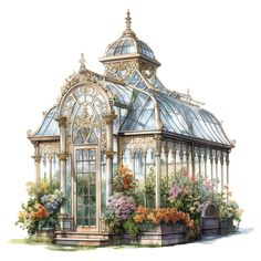 a drawing of a glass house with flowers in it