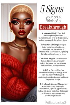 a woman in red sweater with her hand on her chest and the words 5 signs you're on a brink of a breakthrough