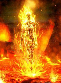 a man standing in the middle of a fire with flames coming out of his body