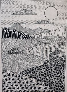 a black and white drawing of mountains with clouds in the sky over them, on paper