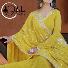 Yellow Wedding Anarkali gown Traditional outfit indian gown Sequins Embroidery Gown Full Flair Gown festival Outfit Readymade dress Salwarsuit 👗 GOWN-WITH-DUPATTA 👜 GOWN   :- 👇 FABRICS & WORK    :- Unique Coloured Faux Georgette with Embroidered work SIZE         :-S(36), M(38"), L(40"), XL(42"), XXL(44")* LENGTH   :- 56 INCH FLAIR       :- 12 MTR  LINING     :- Cotton  (Full Inner Top To Bottom) SLEEVES    :- Full Sleeves NECK TYPE    :- Designer V Neck STITCHING TYPE :- 5 Layer Frill Stitch Gown Traditional, Flair Gown, Wedding Anarkali, Embroidery Gown, Neck Stitching, Indian Gown, Outfit Indian, Gown With Dupatta, Traditional Outfit