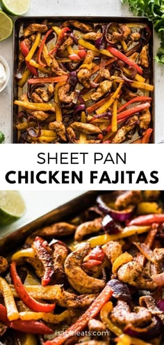 sheet pan chicken fajitas with peppers, onions and limes on the side