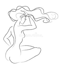 a drawing of a woman sitting on the floor with her hair blowing in the wind