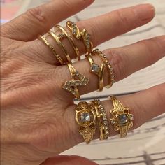 Cute Set Of Nine Rings. Gold Tone And Some With Rhinestones. Approximately 0.75 Inch In Diameter. The Rings In The Second And Third Photo Are About A Size 7.5. The Rings In The Fourth Photo On Are About A Size 8. Never Worn. Hippie Jewelry Rings, Chunky Gold Rings, Stubby Fingers, Jewelry Accessories Rings, Badass Rings, Gold Jewelry Rings, Rings Stack, Rhinestone Rings, Gold Rings Jewelry