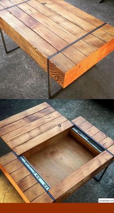 two different views of a coffee table made out of wooden planks and metal legs