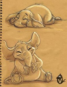 two drawings of an elephant and a dog laying down on the ground next to each other