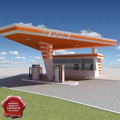 an artist's rendering of a gas station with a red seal around the entrance