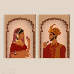 Mughal Art Illustrations, Indian King Illustration, King And Queen Illustration, Rajasthani Aesthetic, Mughal Aesthetic, Rajasthani Prints, Rani Aesthetic, Mughal King, Graphic Wedding Invitations