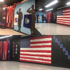 an indoor gym decorated with american flags and decorations for veterans day, or memorial weekend