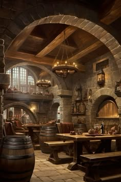 an old fashioned restaurant with stone walls and tables, chairs, and barrels on the floor