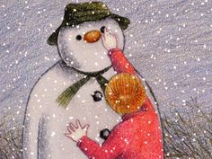 a child touching the nose of a snowman