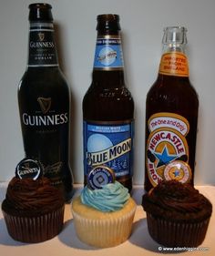 three cupcakes, two bottles of guinness and one bottle of beer