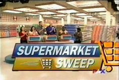 an advertisement for supermarket sweep with people shopping in the background and onlookers