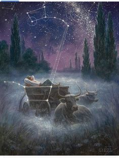 a painting of two cows pulling a man in a wagon with the stars above them