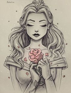 a drawing of a girl with long hair holding a rose in front of her face