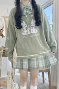 Cute Rabbit Pattern Green Knitted Sweater – Tomscloth Couple Soft Aesthetic, Cottage Core Mushroom Outfit, Cute Clothes Pictures, Sage Aesthetic Outfit, Soft Colored Outfits, Cute Art Clothes, Cute Green Sweater, Pink Comfy Clothes, Oversized Sweater Outfit Aesthetic