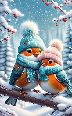 two birds sitting on top of a tree branch in the snow wearing winter hats and scarves