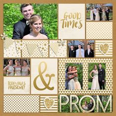 a collage of photos with gold and white accents on it, including the words good times and prom