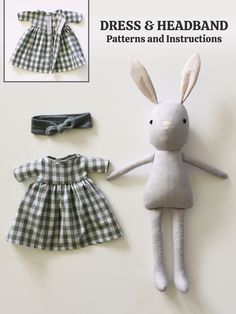 the doll is wearing a green and white checkered dress with matching headbands