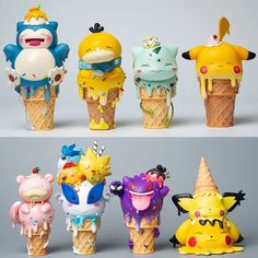 several different types of ice cream cones with cartoon characters on them, all in various shapes and sizes