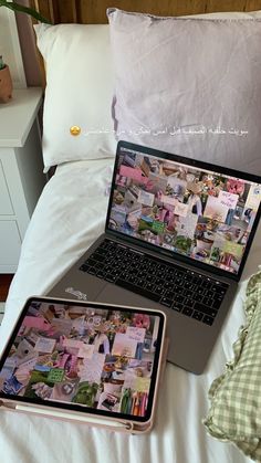 two laptops sitting on top of a bed next to each other with pictures on them