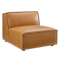 a brown leather chair sitting on top of a white floor